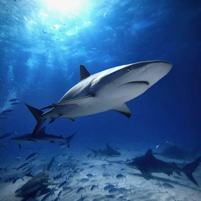 Reef shark gliding through deep blue water under sun rays